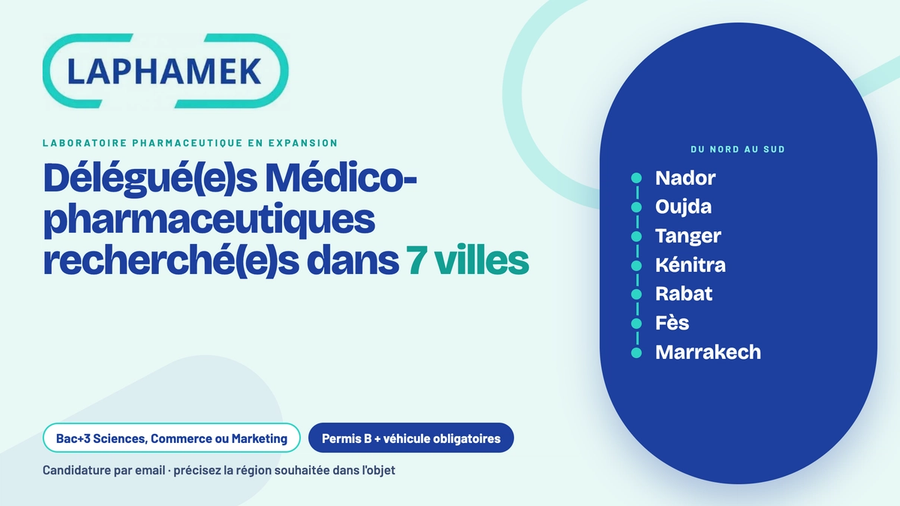 LAPHAMEK recrute des Délégué(e)s Médico-pharmaceutiques dans 7 villes