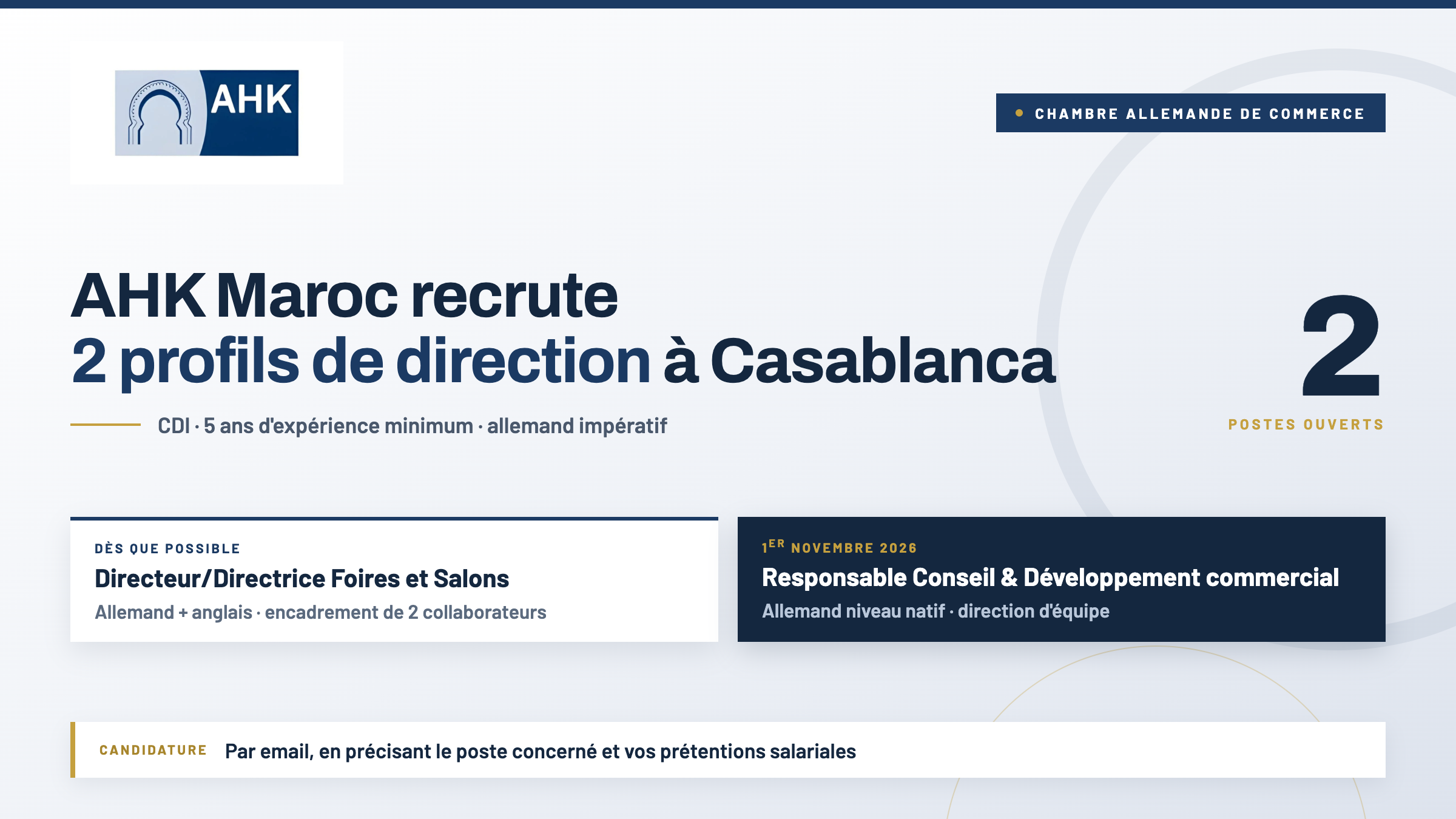 AHK Maroc recrute deux profils de direction multilingues à Casablanca