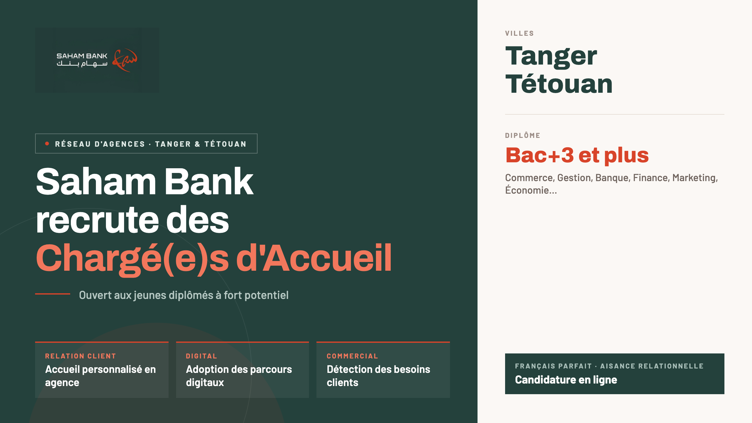 Saham Bank recrute des Chargé(e)s d'Accueil à Tanger et Tétouan