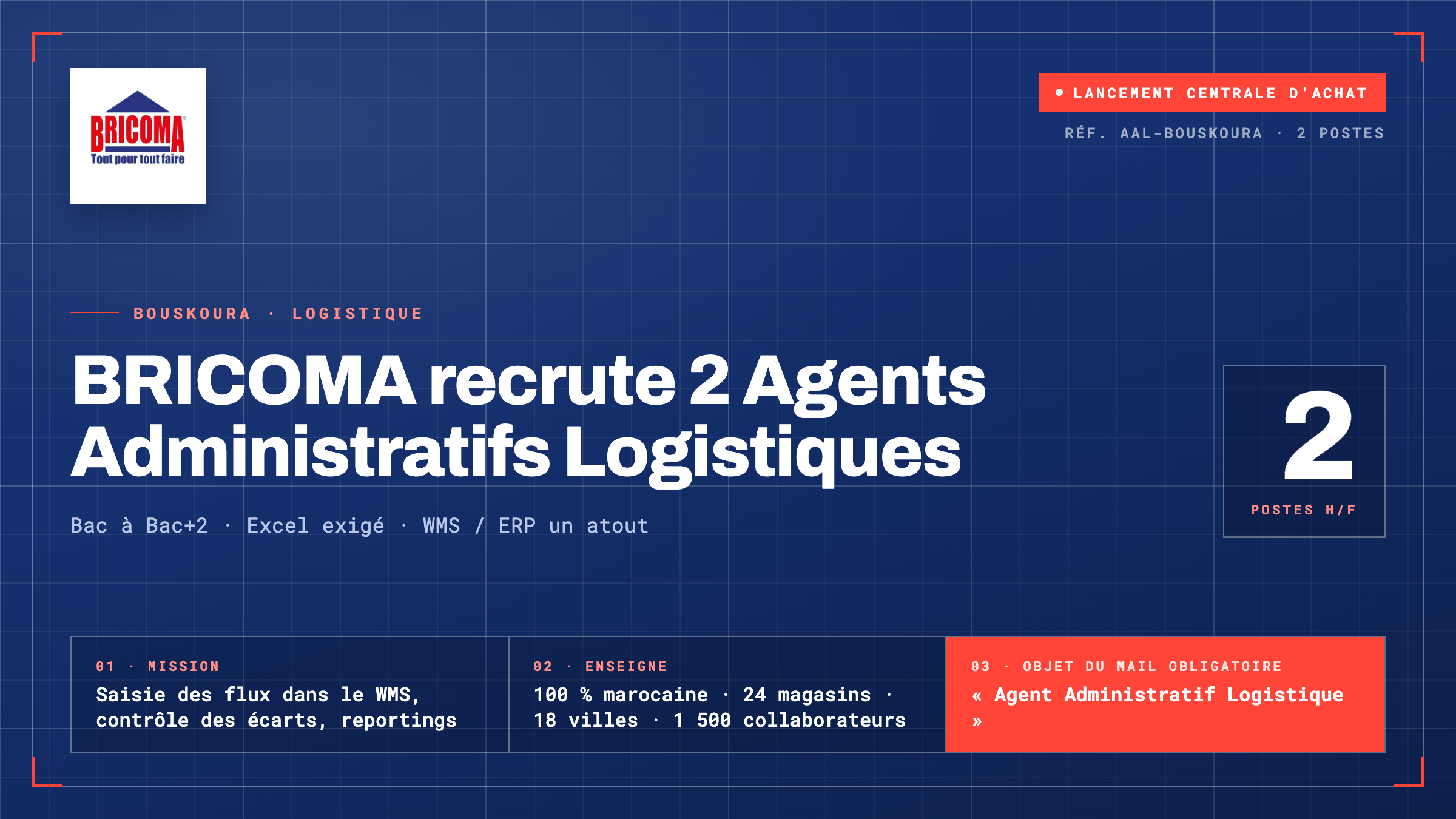 BRICOMA recrute des Agents Administratifs Logistiques à Bouskoura