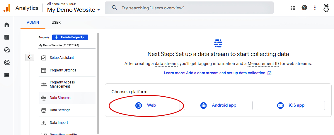 data stream setup for google analytic 4