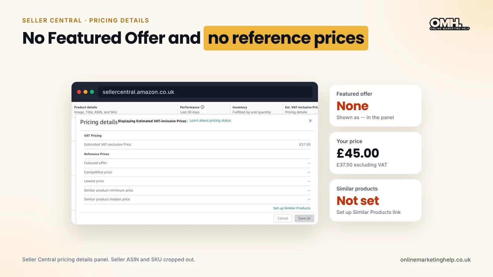 Amazon Seller Central pricing details showing blank Featured Offer and reference-price fields before troubleshooting