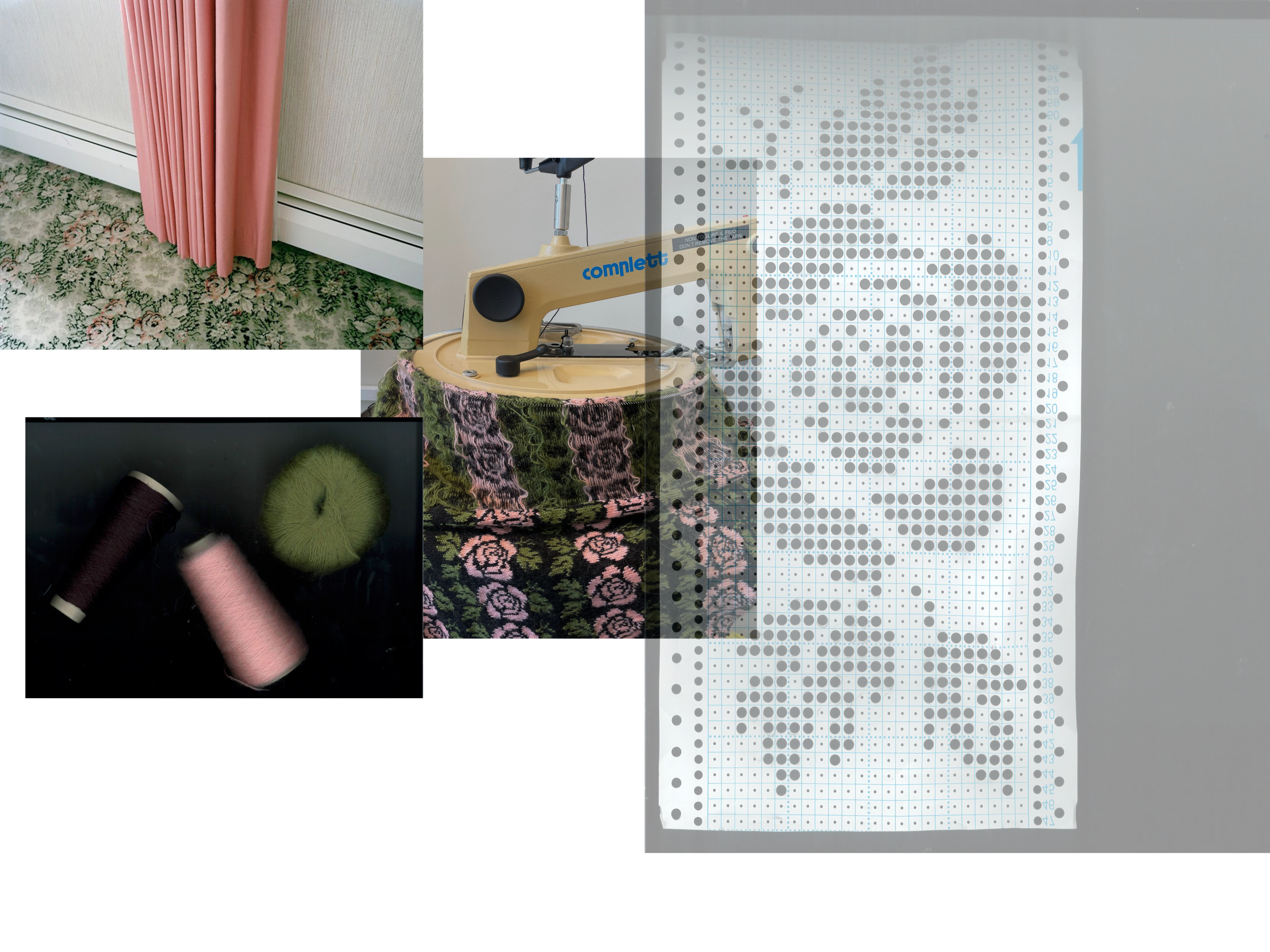 Knit Jacquard: Using a Brother knitting machine, I created my own floral jacquard patterns, reminiscent of the carpets or curtains found in a traditional grandma’s home.