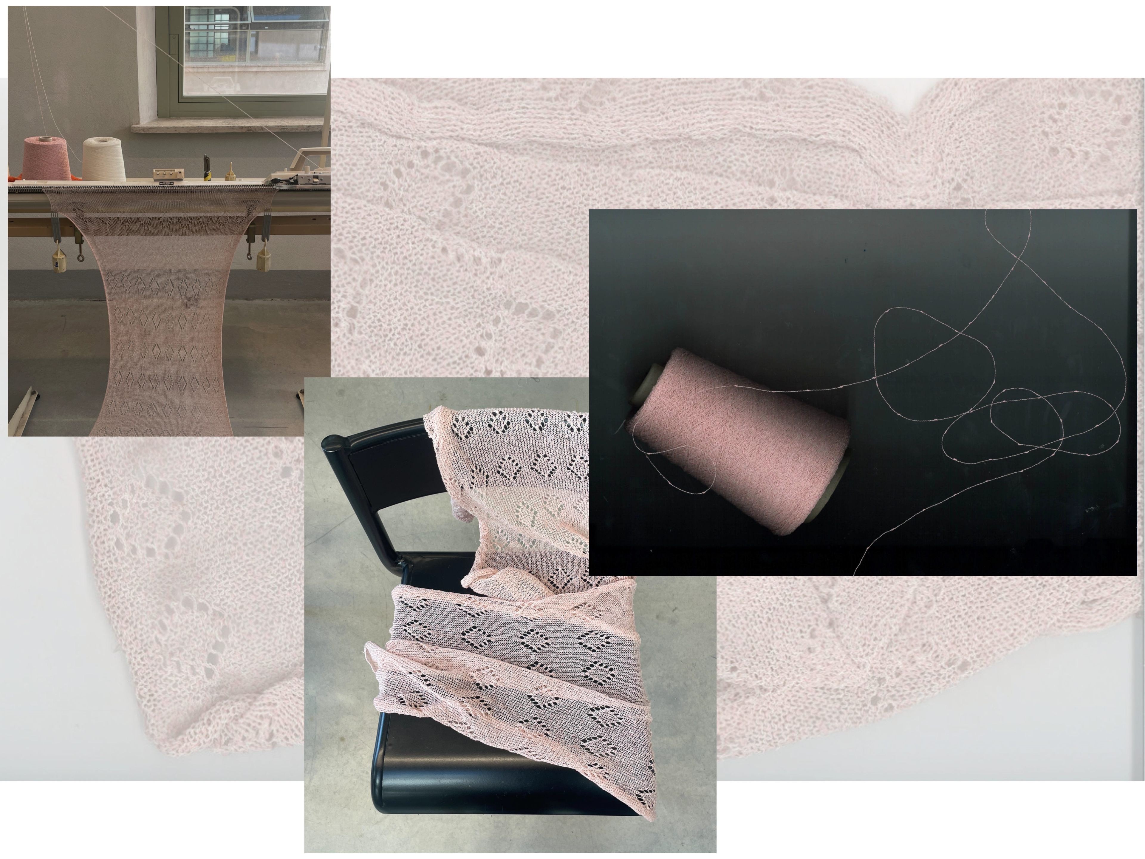 Knit Lace Pointelle: Using a Brother knitting machine, delicate pointelle lace patterns are created in knit, reinterpreting traditional lace textures in a contemporary form.