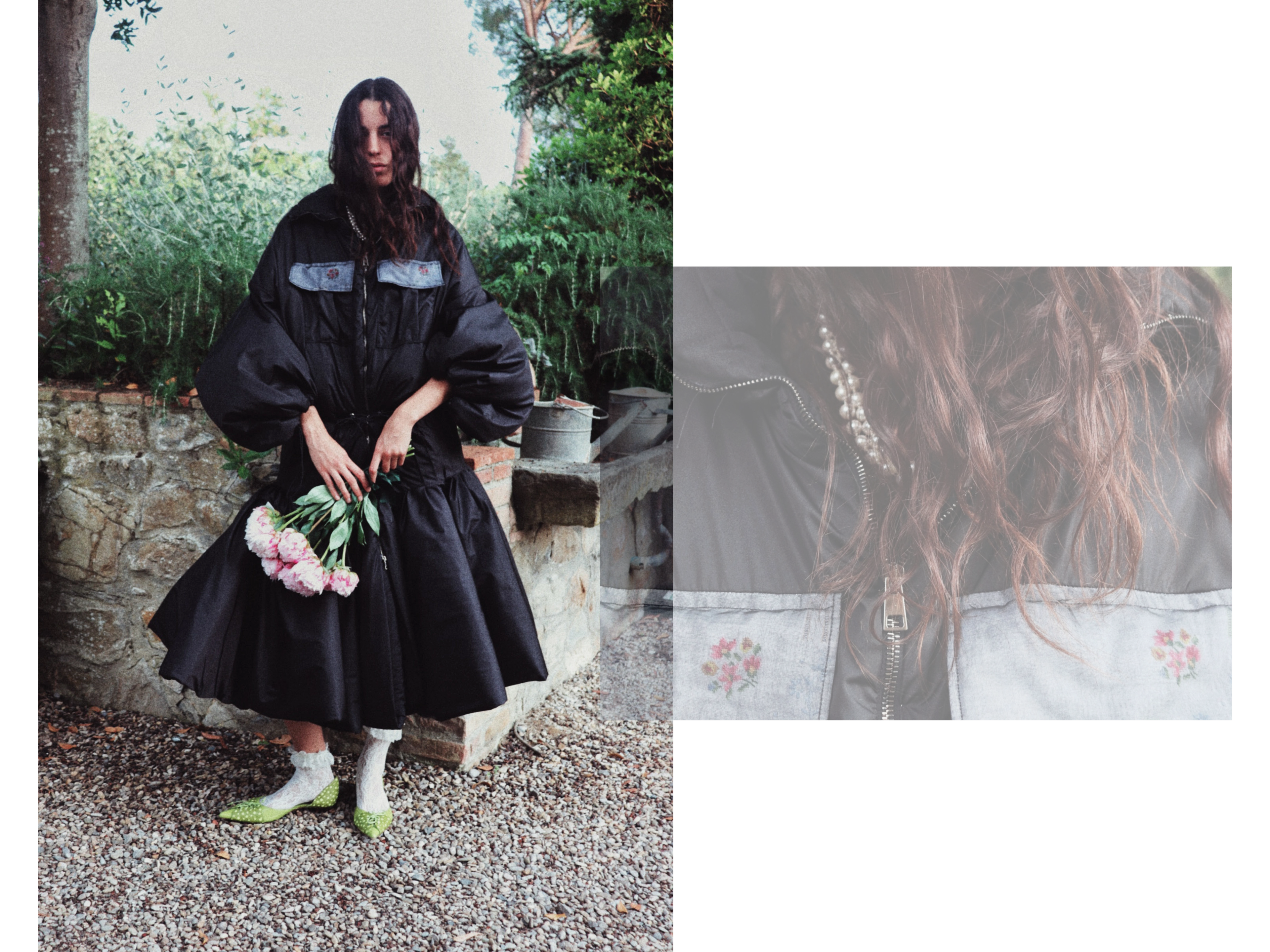 Puffer parka inspired by a 1940s silhouette and embroidered tea napkins transformed into pockets.