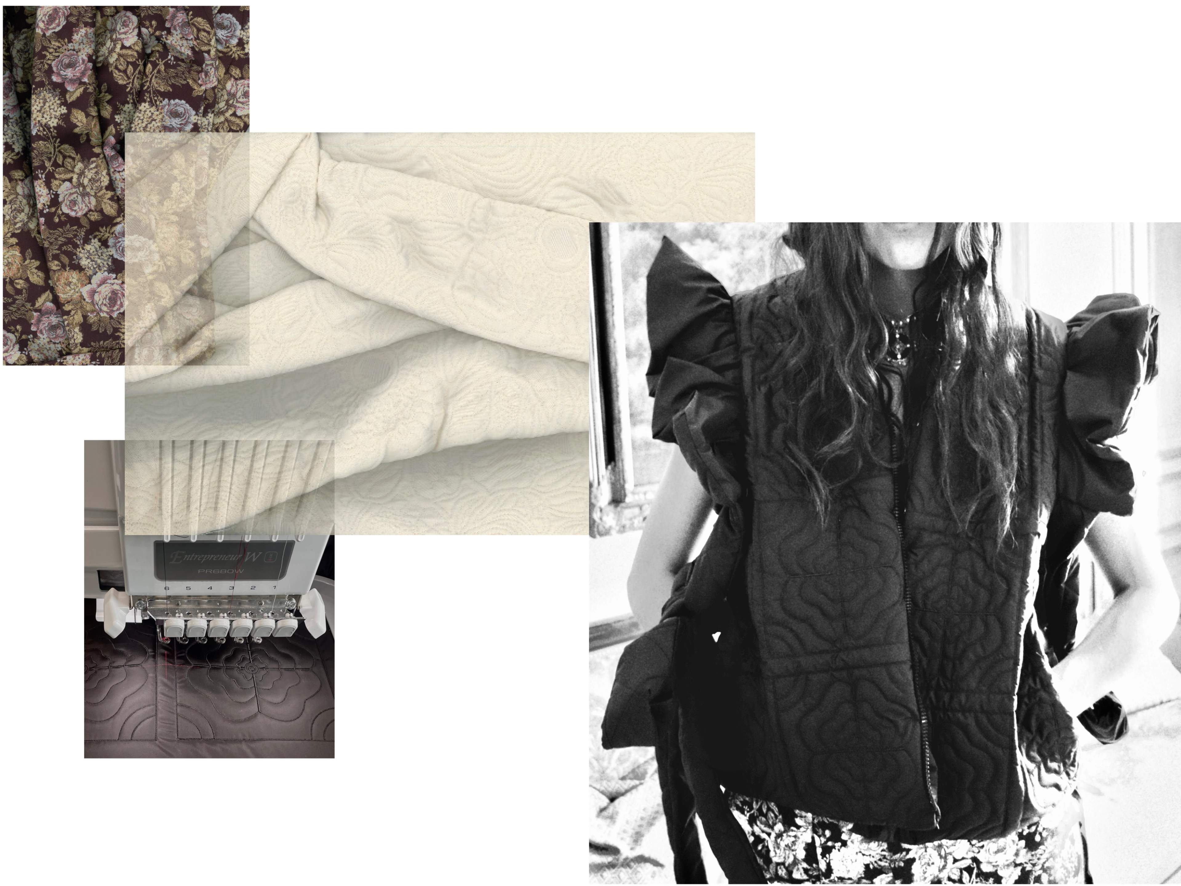 Store-Bought Florals: Existing, ready-made floral prints are reinterpreted and layered into contemporary silhouettes. Quilted Puffer Vest: Inspired by a grandmother’s quilt, this vest features a digitally created floral graphic that is then quilted using an embroidery machine, combining craftsmanship with digital design.