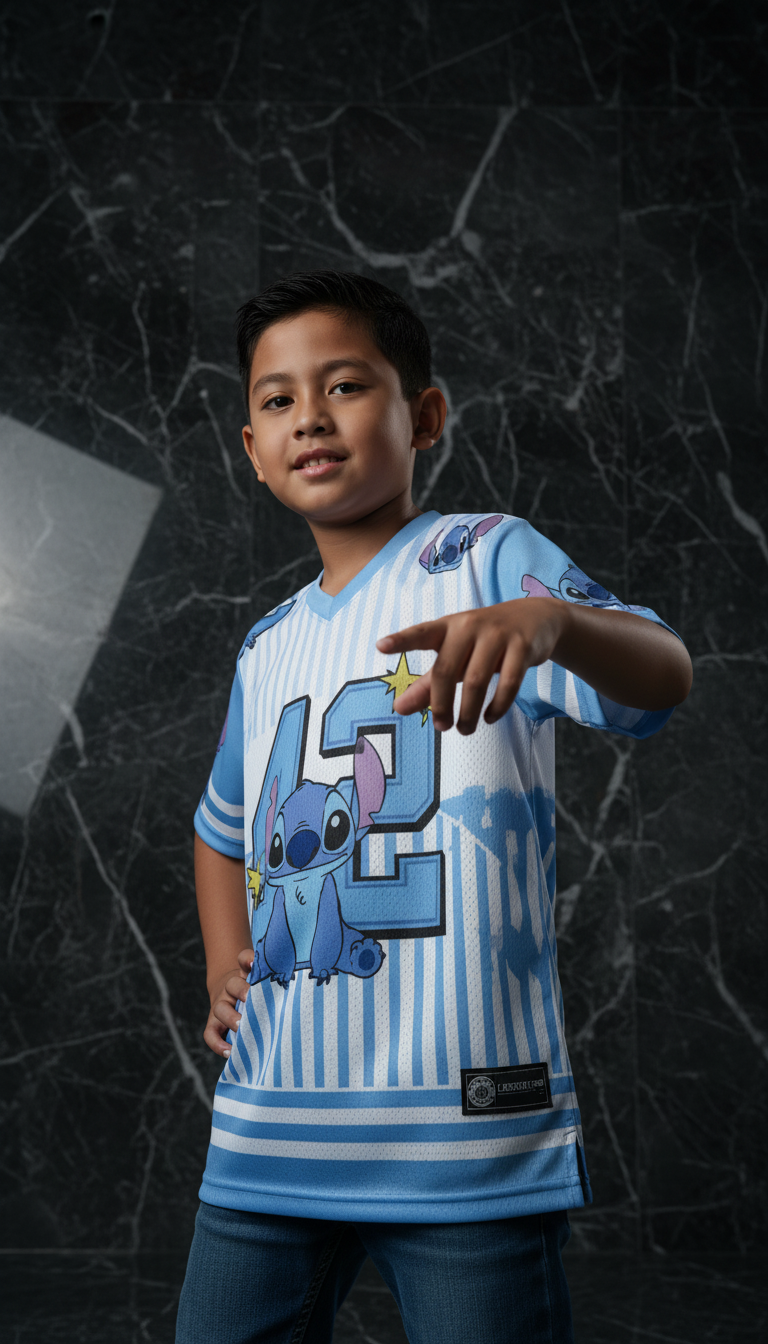 Kaos Jersey Anak Laki-Laki Motif Stitch 42 - Baju Karakter Disney Biru Garis - View 1