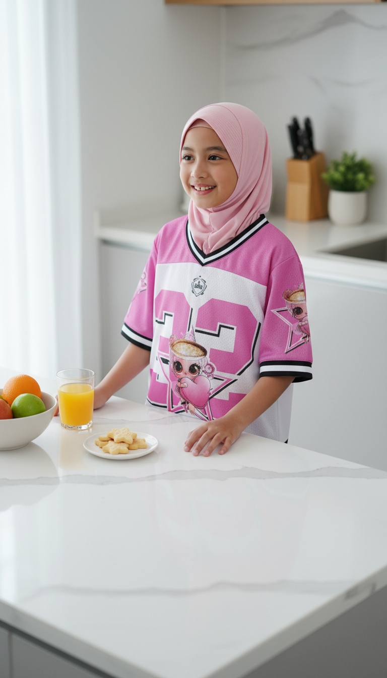 Baju Jersey Anak Perempuan Oversized | Kaos Muslimah Pink Karakter Lucu Hip Hop Style - View 1