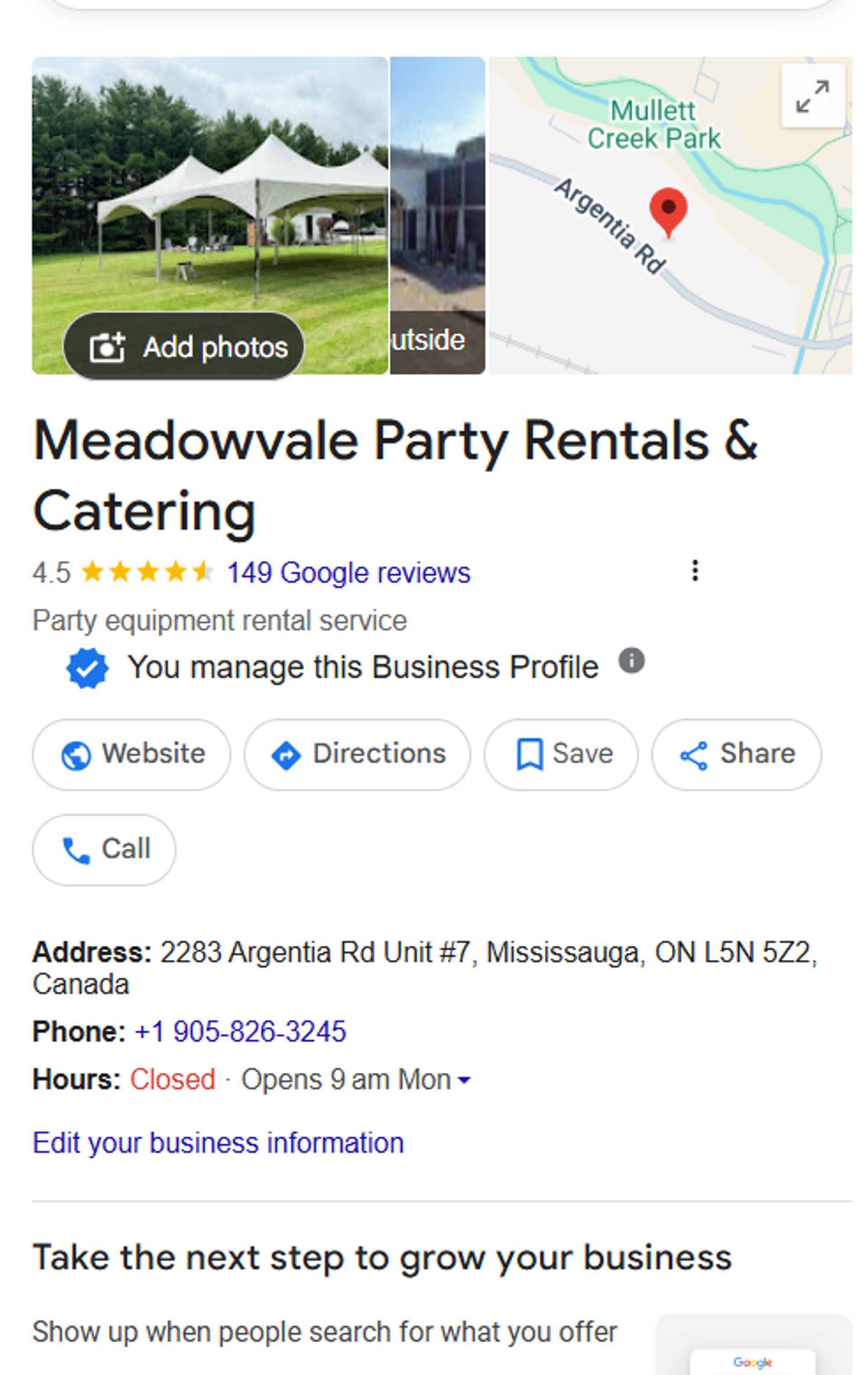 Meadowvale Party Rentals - Google My Business profile