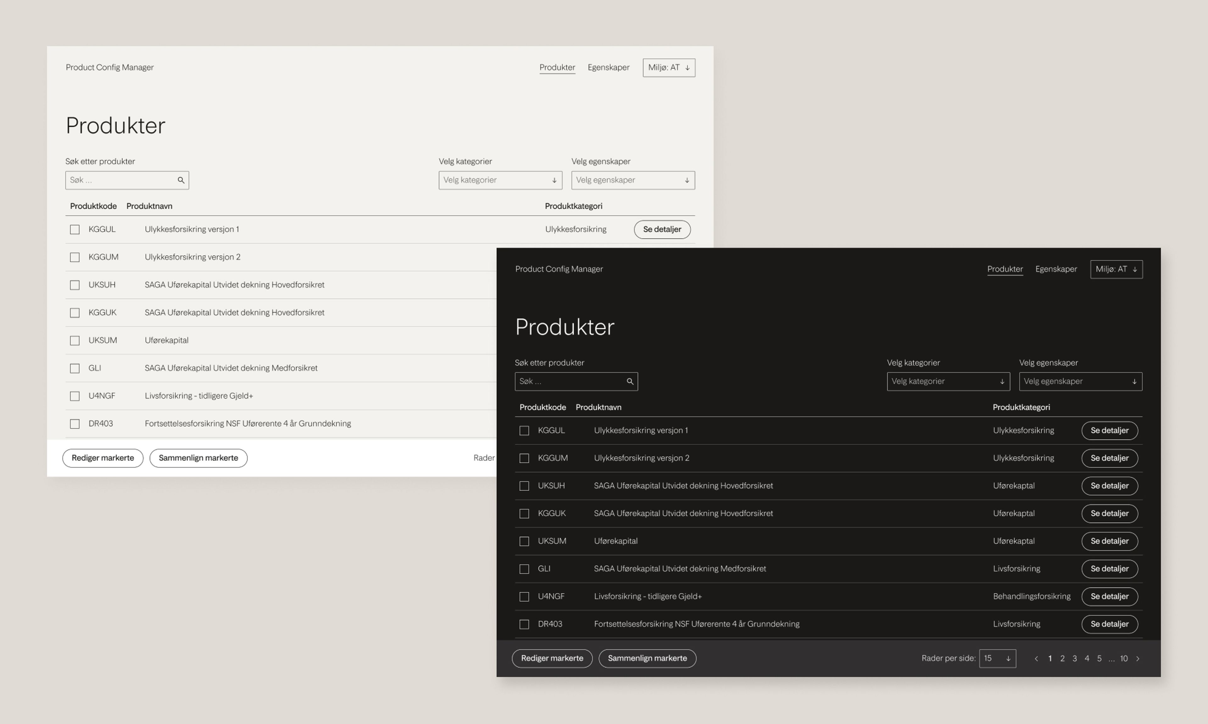 The main page in light and dark mode