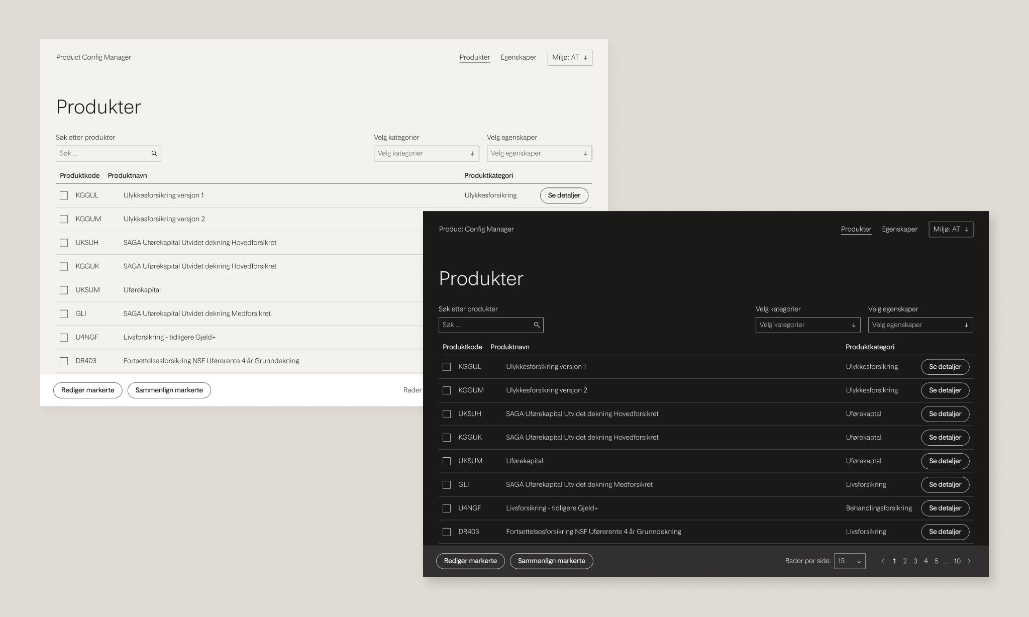 The main page in light and dark mode