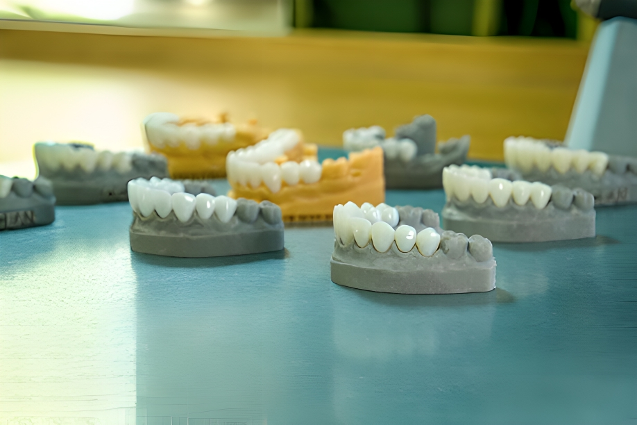  Newly crafted dental prosthetics displayed in a laboratory setting, showcasing precision and quality in dental restoration.