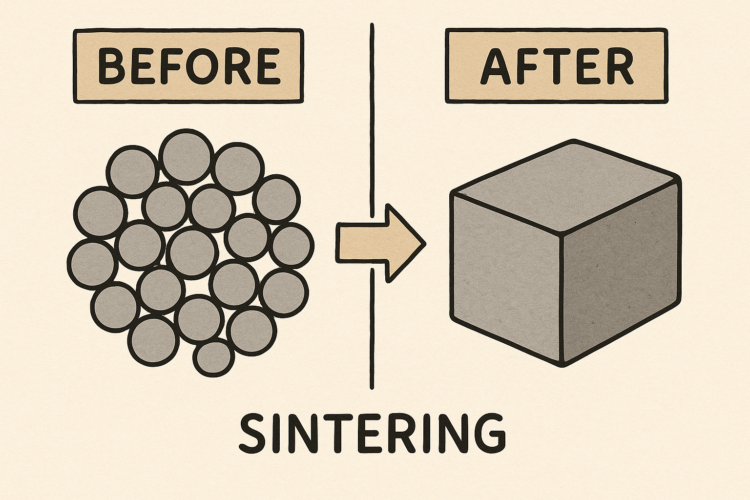 Comparison of the sintering process, showing materials before and after the transformation into a solid structure. Comparison of the sintering process, showing materials before and after the transformation into a solid structure.