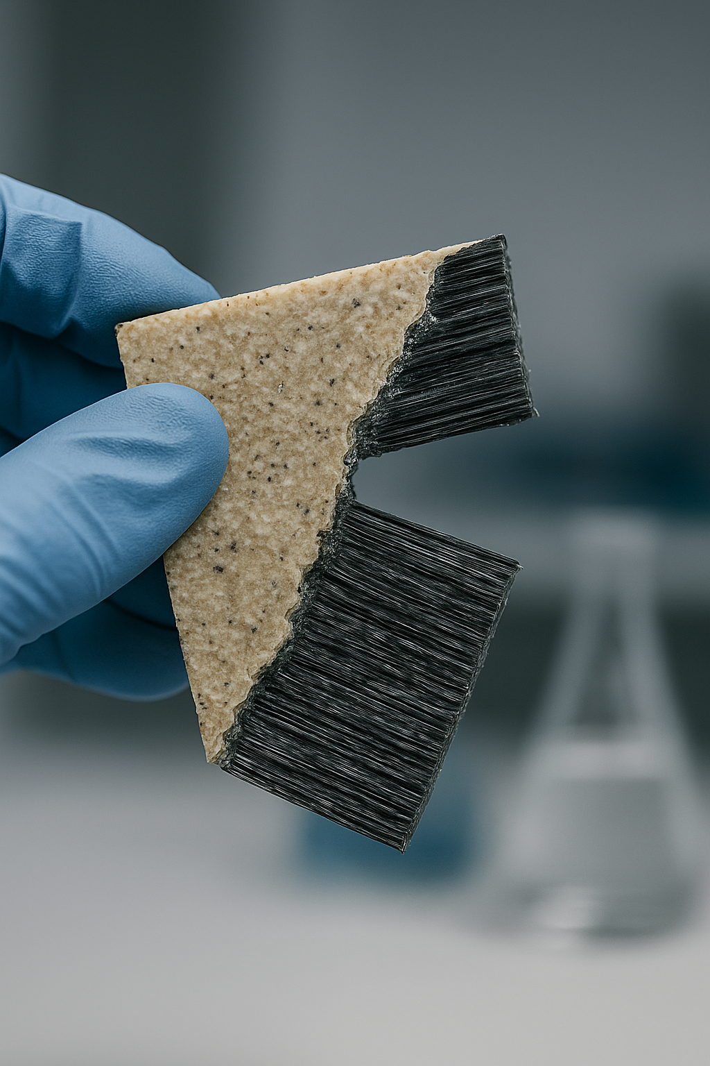 A laboratory technician holds a nanocomposite sample, showcasing its texture and color under bright lab lighting. A laboratory technician holds a nanocomposite sample, showcasing its texture and color under bright lab lighting.