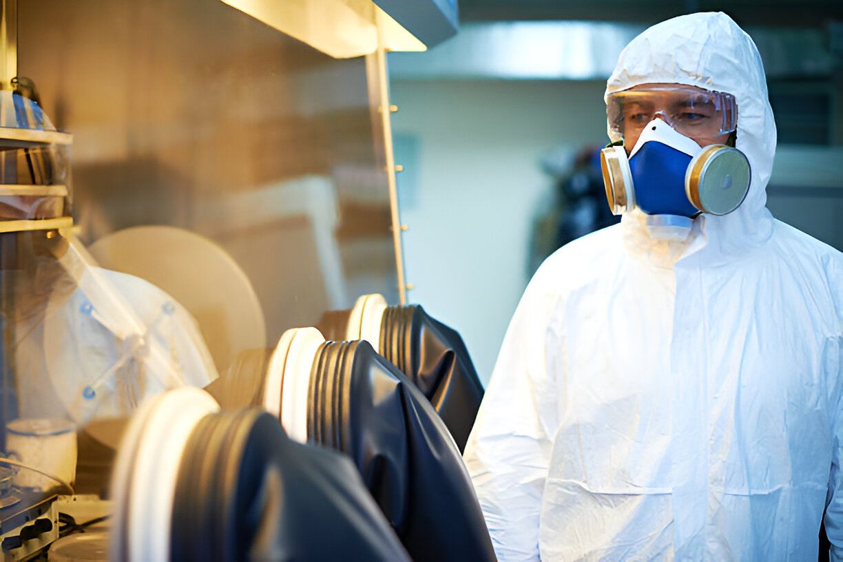 A technician in a lab utilizes a Glove Box, focusing on the safe management of hazardous materials