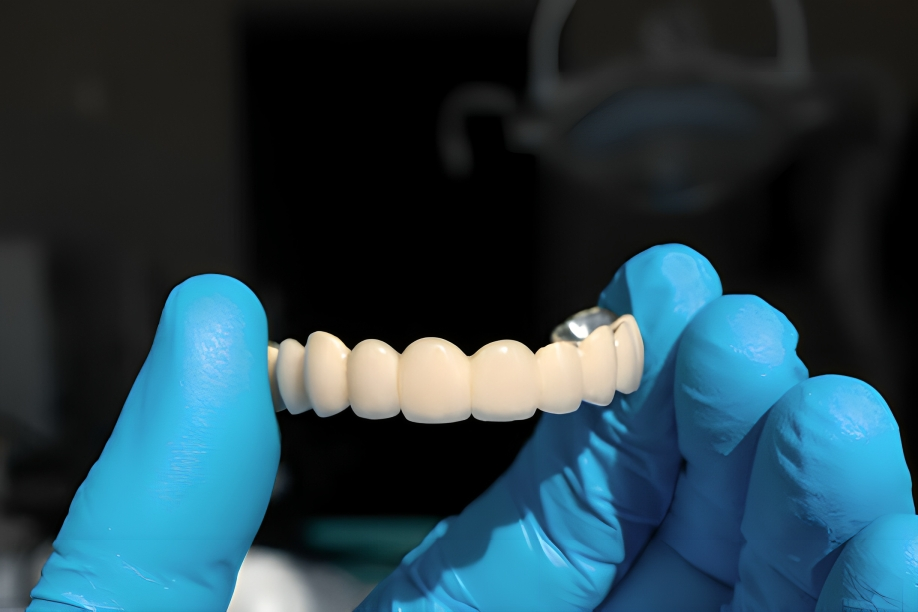  A doctor displays a zirconium prosthesis designed for the complete dental restoration of a patient's jaw