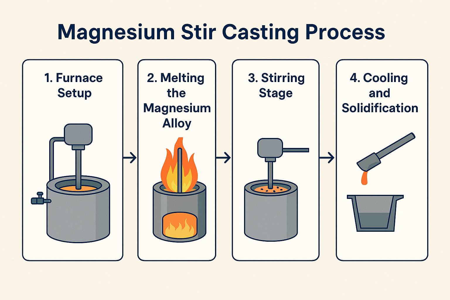 The magnesium stir casting process is illustrated, highlighting the mixing of molten magnesium in a specialized casting apparatus.