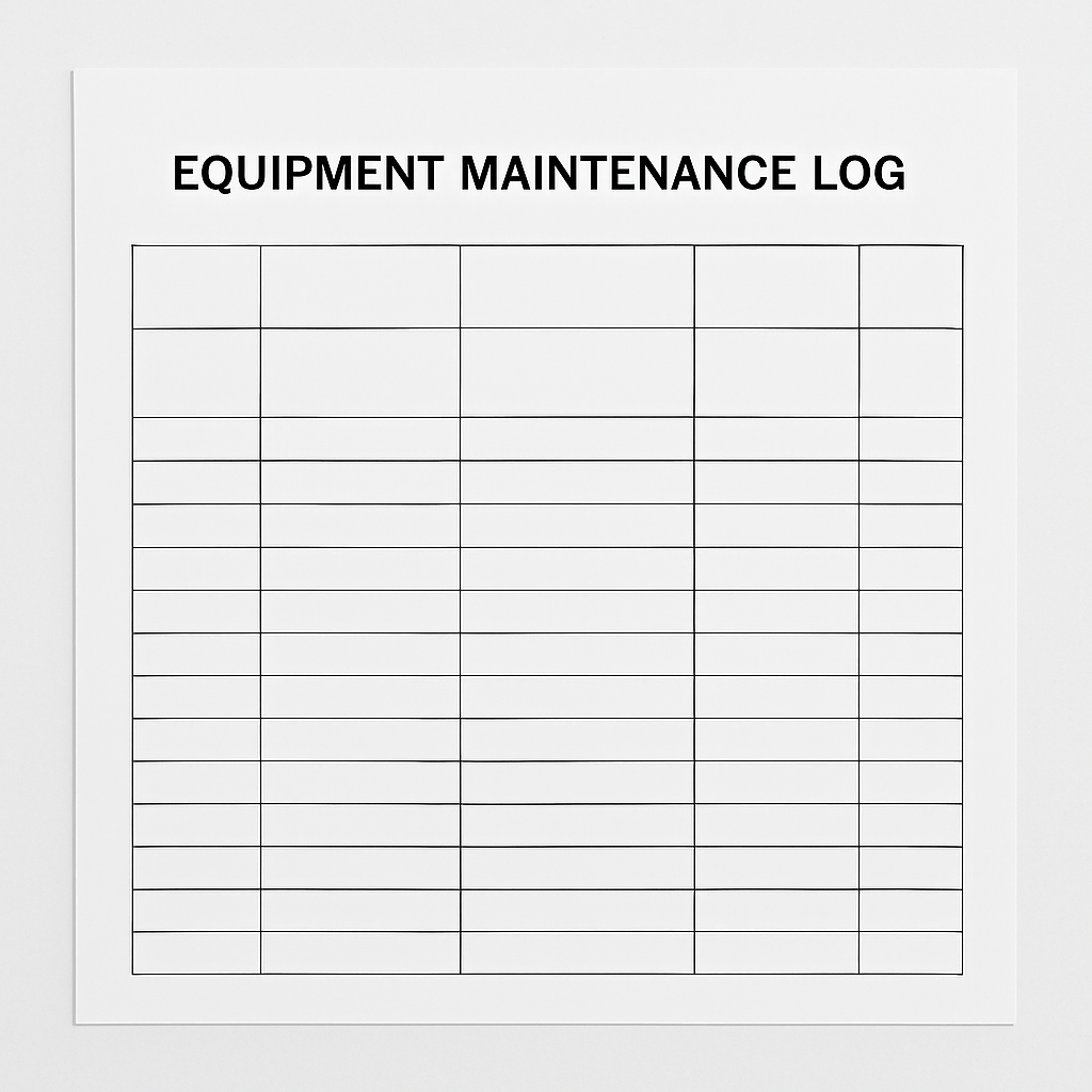Maintenance log sheet for equipment, including fields for date, type, service performed, and technician's name. Maintenance log sheet for equipment, including fields for date, type, service performed, and technician's name.