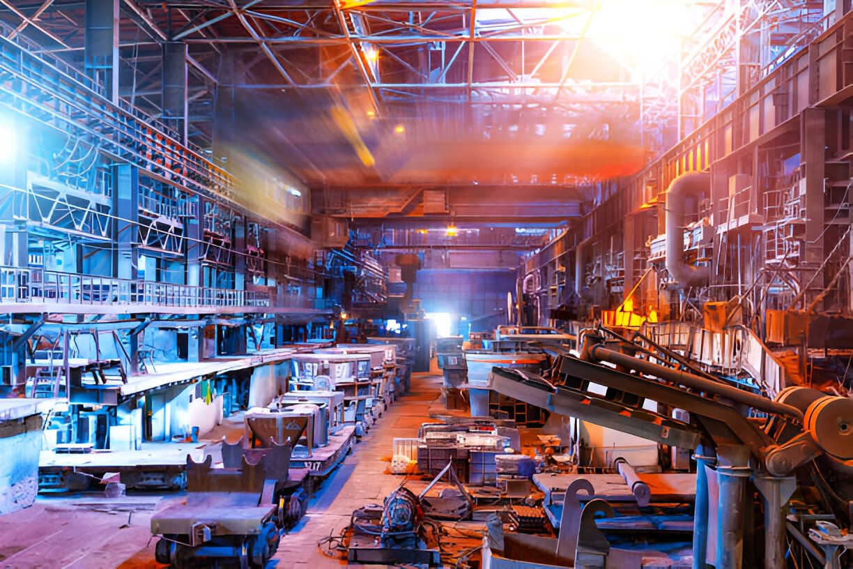 A metallurgy plant showcasing large machinery and equipment used for metal processing and production in an industrial setting.