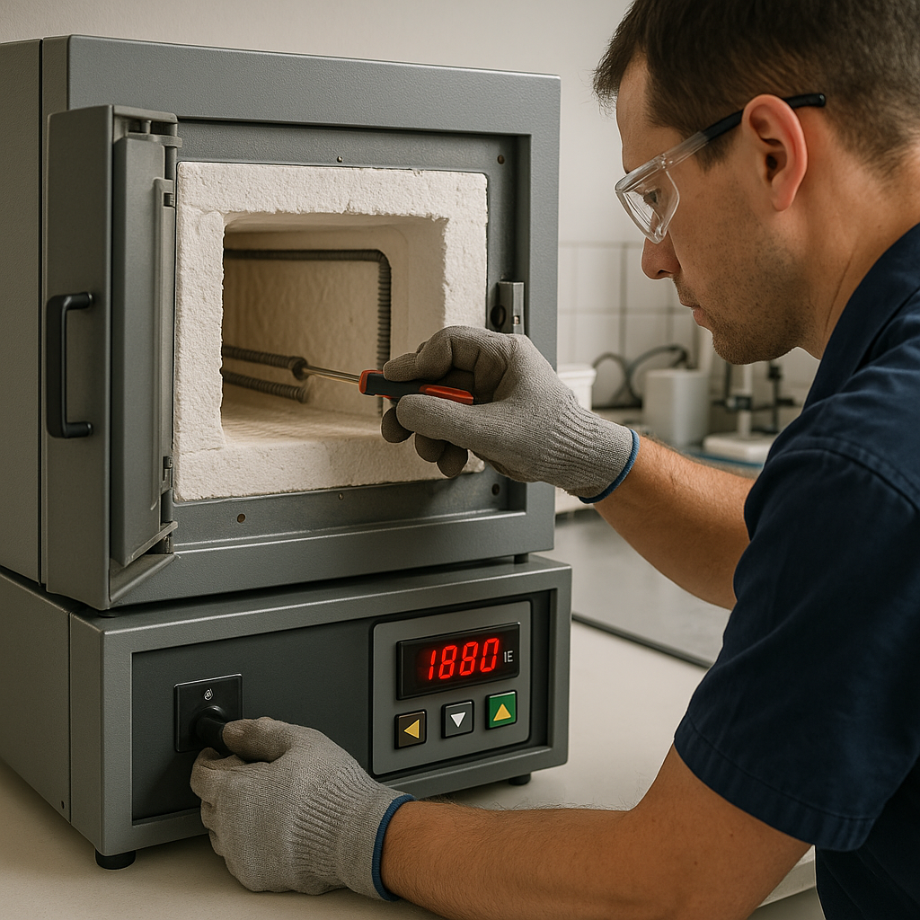 A technician conducts maintenance on a laboratory furnace, checking parts and making adjustments for optimal performance. A technician conducts maintenance on a laboratory furnace, checking parts and making adjustments for optimal performance.