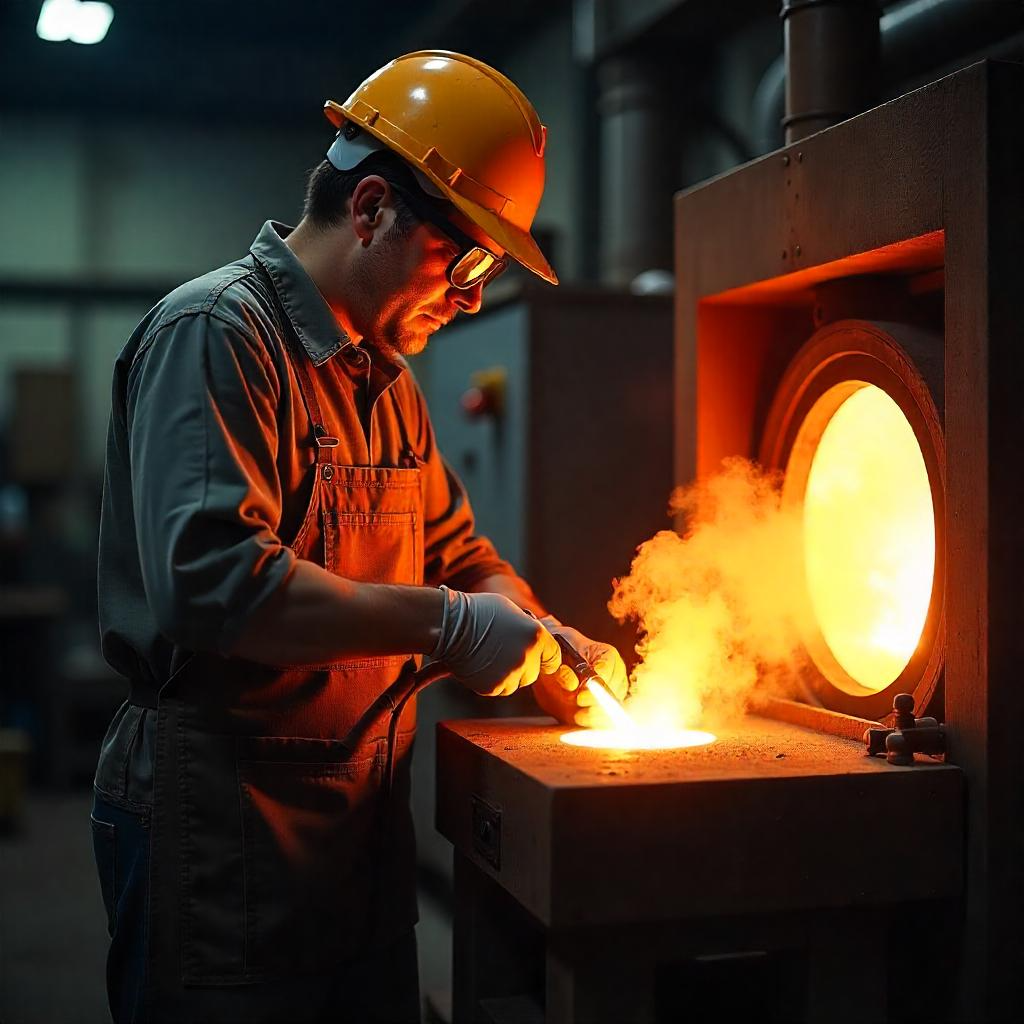 An individual oversees the heat treatment process in an industrial setting, focusing on precision and safety.