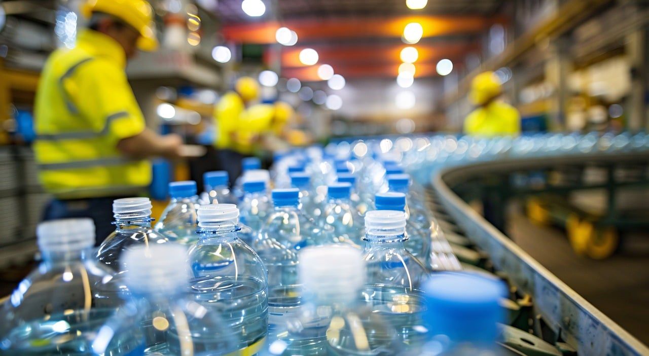 Assembly line in a plastic bottle factory with workers and machinery producing bottles efficiently. Assembly line in a plastic bottle factory with workers and machinery producing bottles efficiently.