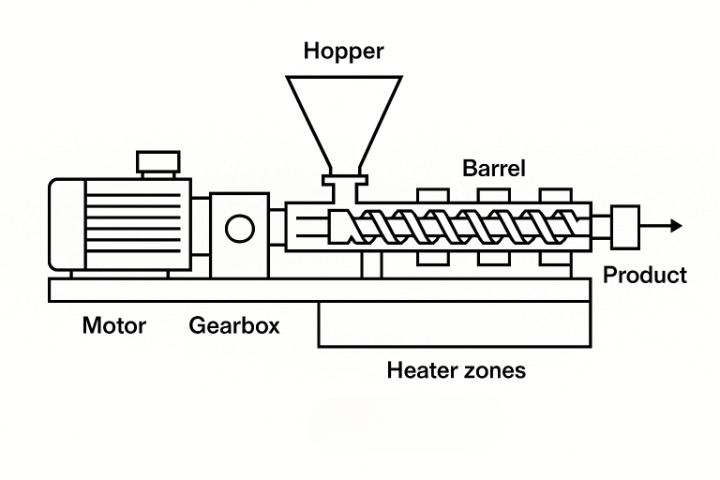 Schematic diagram of a twin-screw extruder, showing components and material flow.