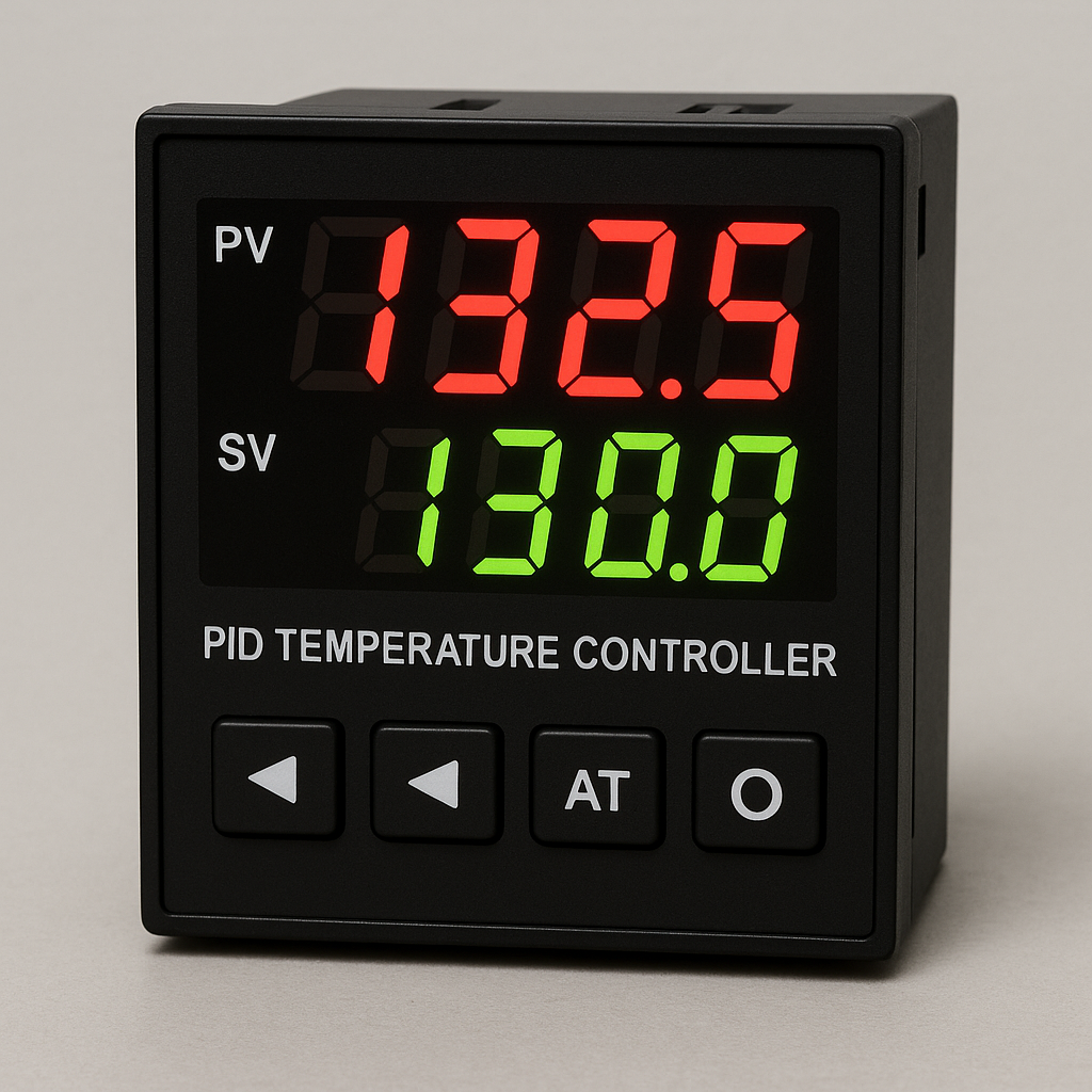 PID temperature controller featuring a digital display and adjustment buttons, used for regulating temperature settings. PID temperature controller featuring a digital display and adjustment buttons, used for regulating temperature settings.