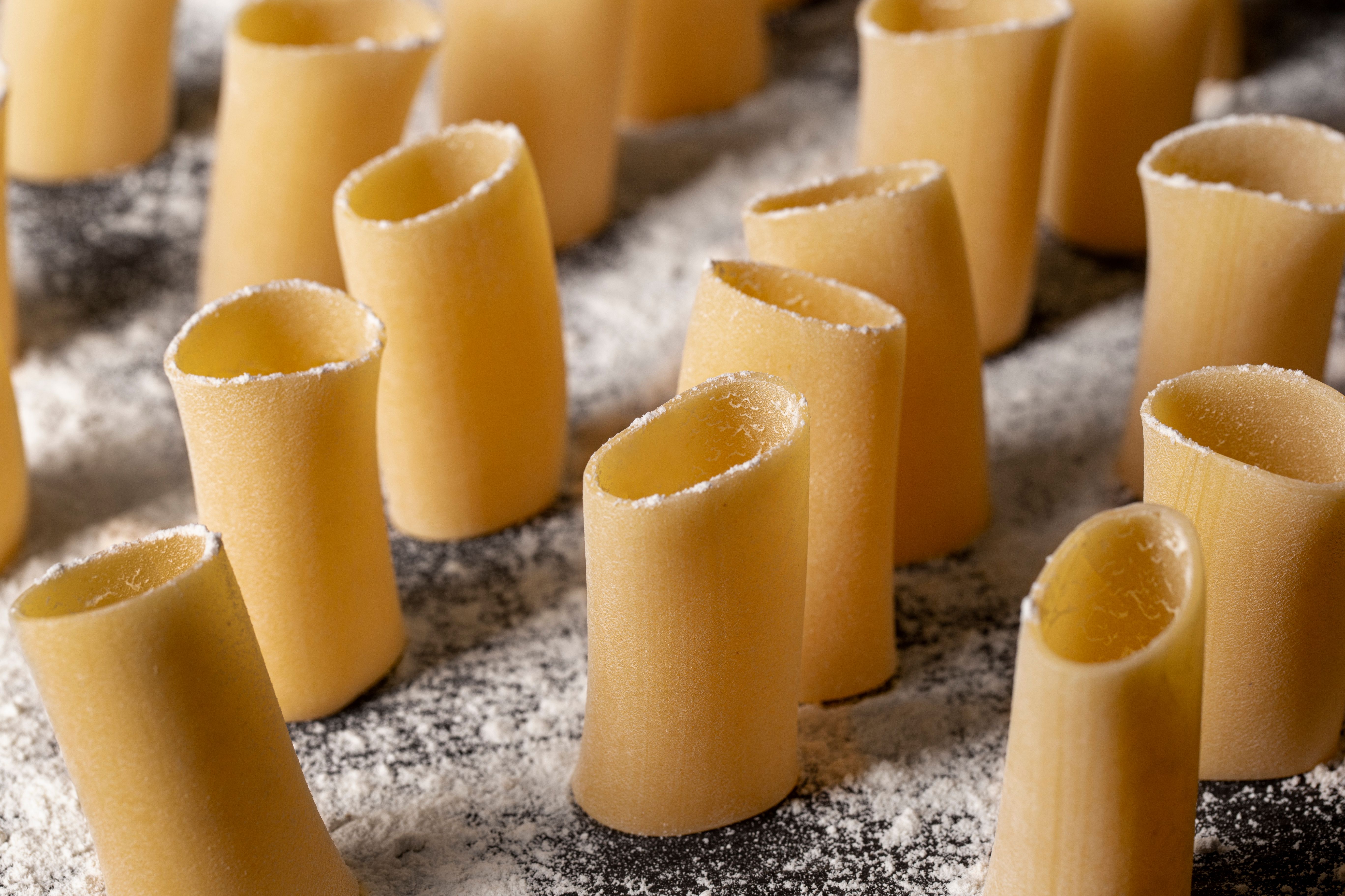 Freshly extruded pasta from a high-capacity extruder, showcasing a smooth and uniform texture. Freshly extruded pasta from a high-capacity extruder, showcasing a smooth and uniform texture.
