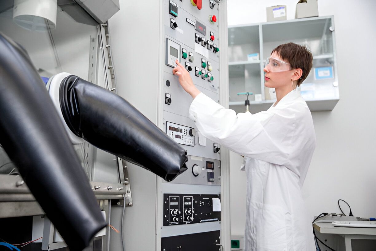 A technician engaged in operating a glove box instrument, carefully pressing a button to ensure accurate functionality.