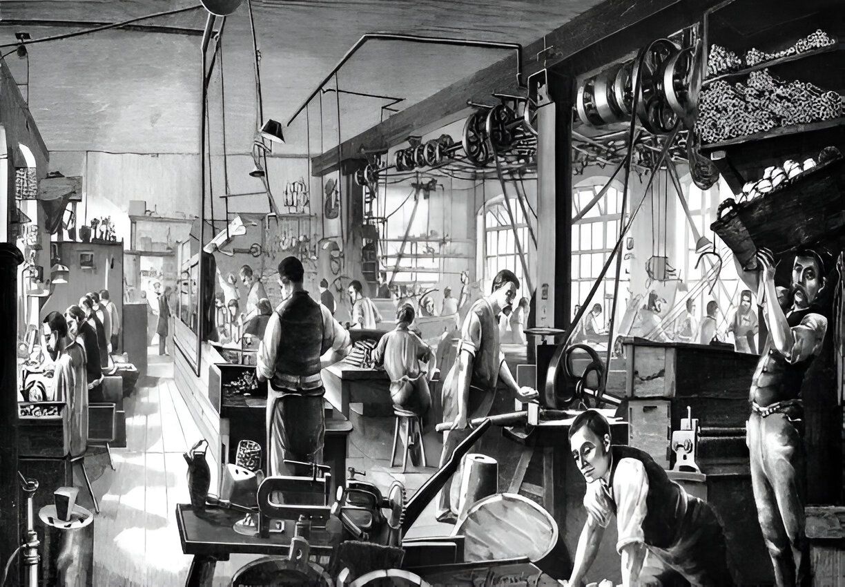 Workers in a factory during the Industrial Revolution, engaged in machinery and production activities.