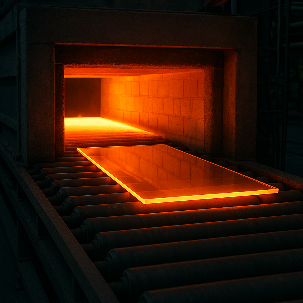 Image of glass annealing process, showcasing heated glass transitioning to a stable state in a controlled environment. Image of glass annealing process, showcasing heated glass transitioning to a stable state in a controlled environment.