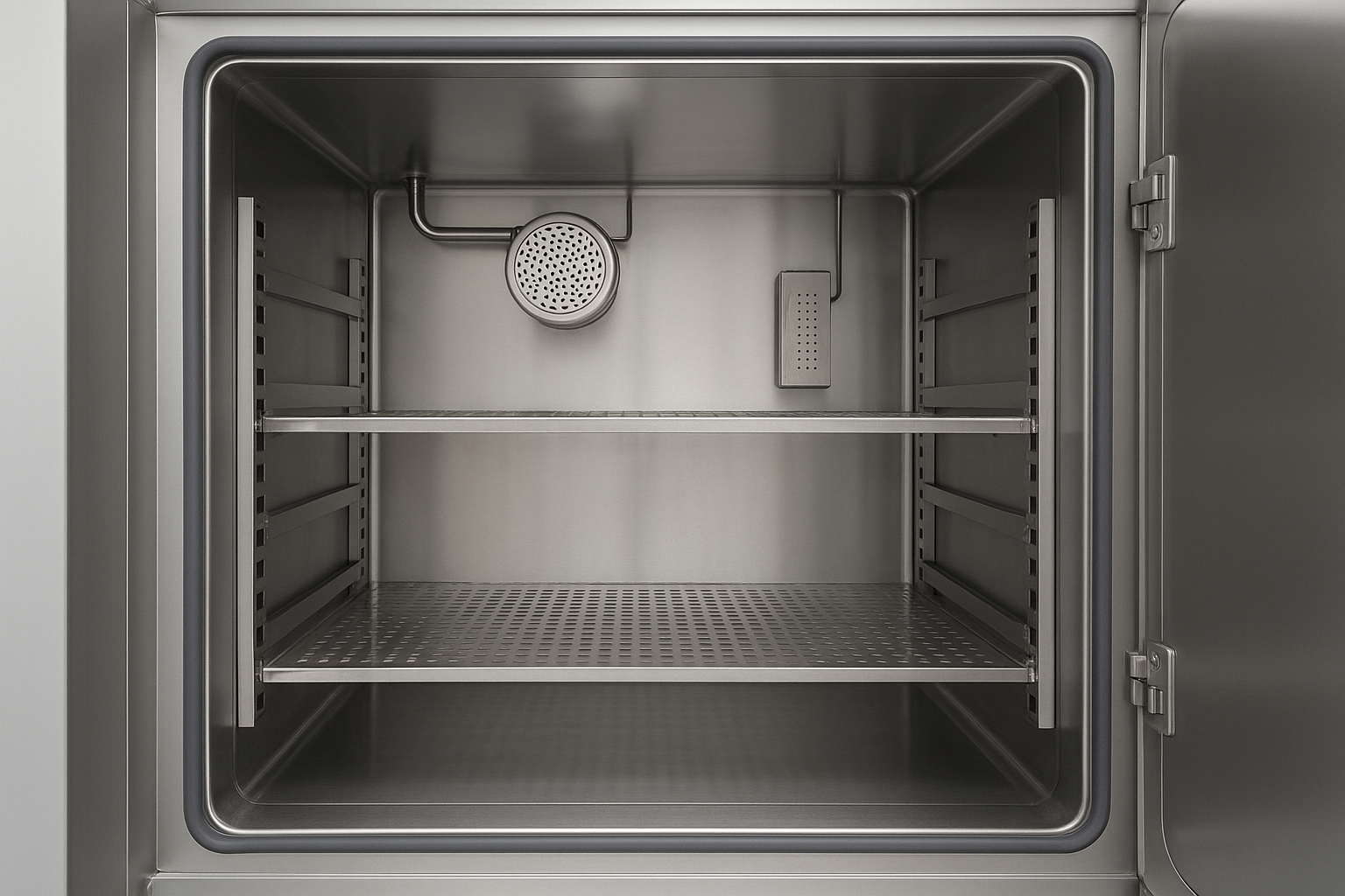 Interior view of a humidity oven, showcasing shelves.  Interior view of a humidity oven, showcasing shelves.