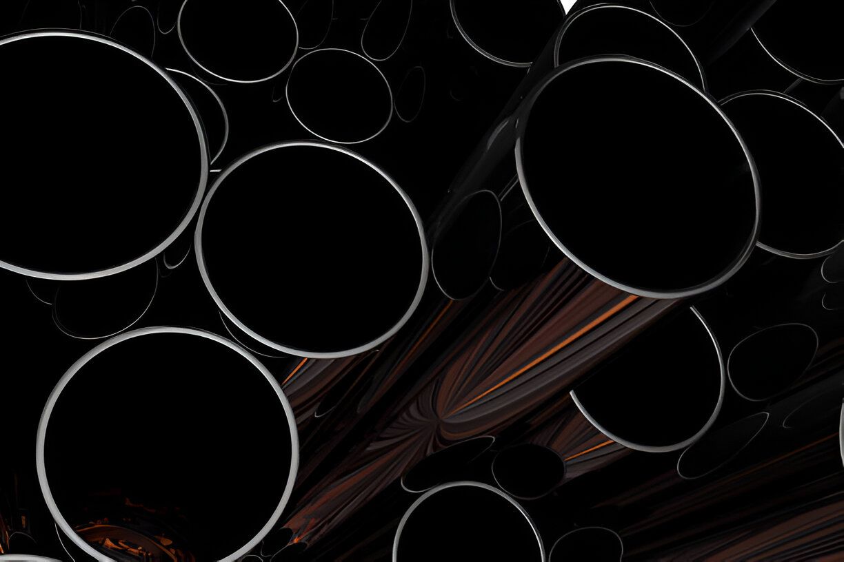 A display of steel pipes in assorted lengths, emphasizing their durability and sleek, metallic appearance.