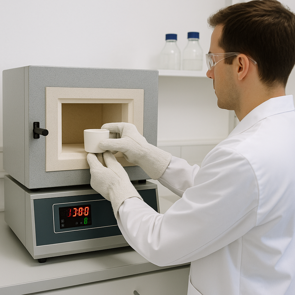A lab technician carefully removes a sample from a box-type muffle furnace in a laboratory setting.