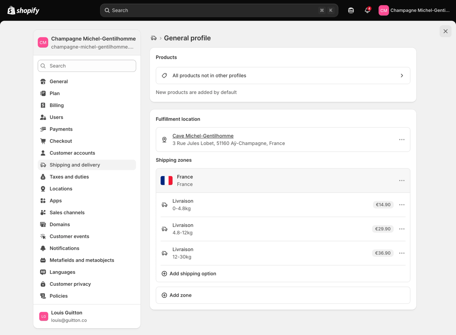 Zones et tarifs de livraison paramétrés pour la France