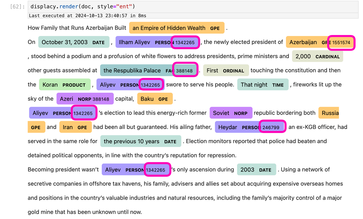 ERKG-powered Entity Linking of an ICIJ article on the Azeri presidential family