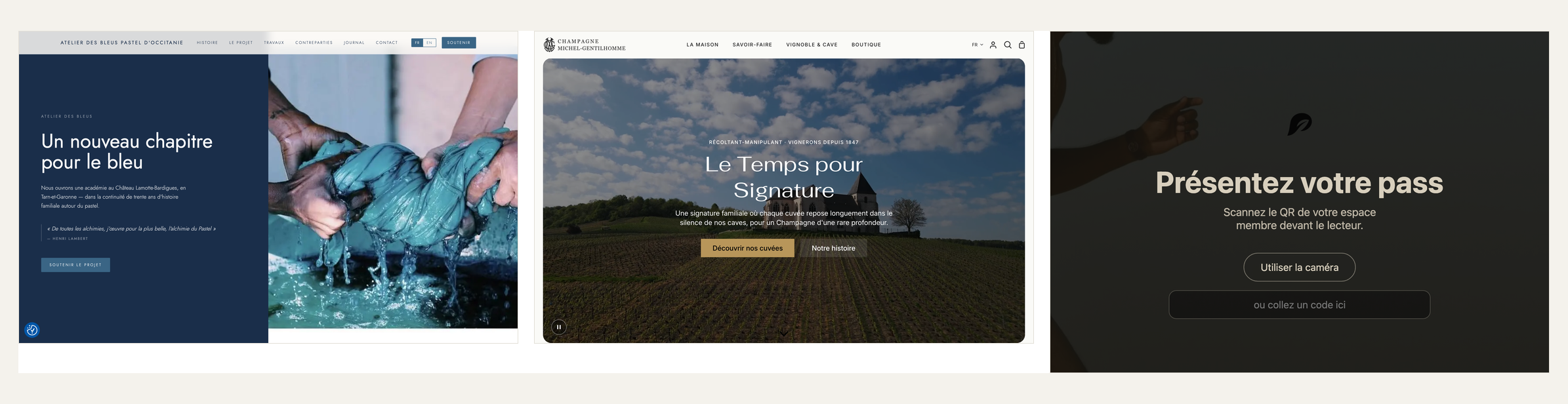 Three sites built on the same stack: a bilingual heritage campaign, a champagne storefront, and a members' check-in kiosk