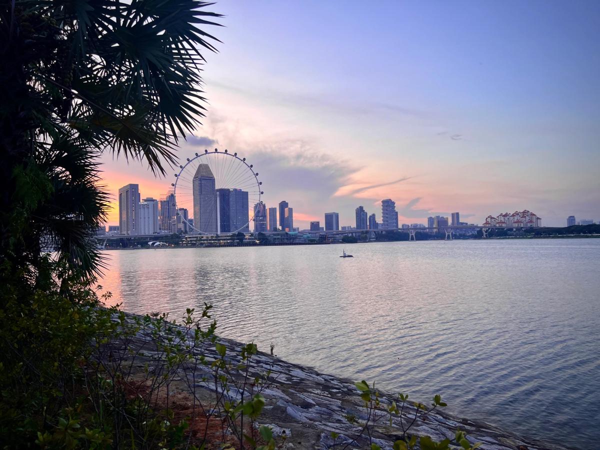Singapore's skyline and the Singapore Flyer at sunset across Marina Bay