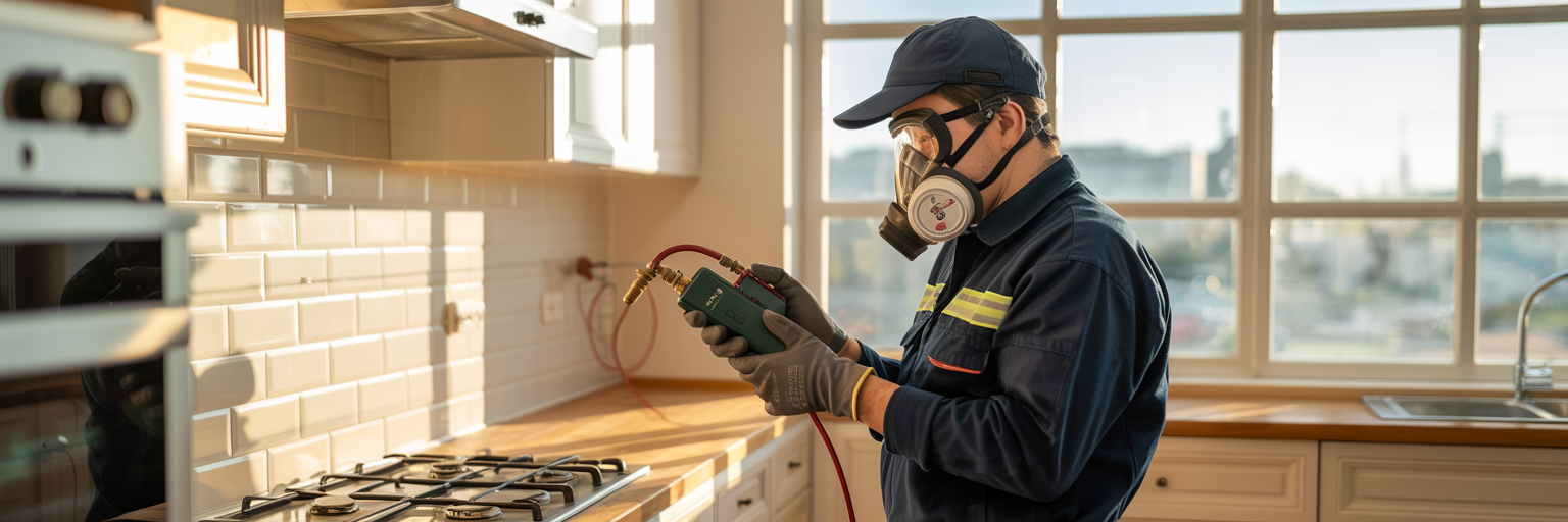 Técnico revisando una cocina con detector de fugas de gas en un departamento moderno.