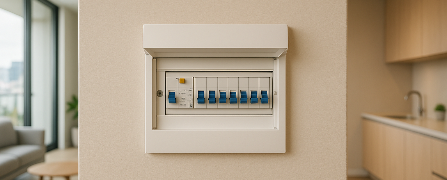 Tablero eléctrico con diferenciales y automáticos en departamento moderno, montado en pared beige, con interior minimalista e iluminación natural — concepto de seguridad eléctrica y distribución de energía en el hogar.