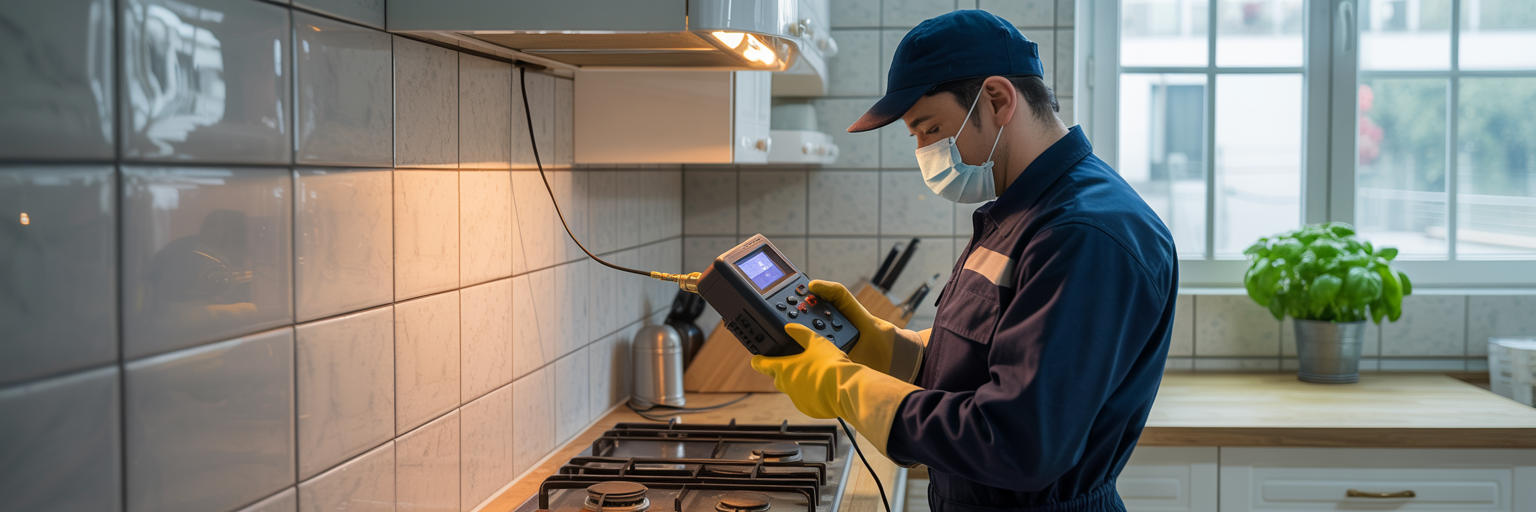 Técnico revisando una cocina con detector de fugas de gas en un departamento moderno.