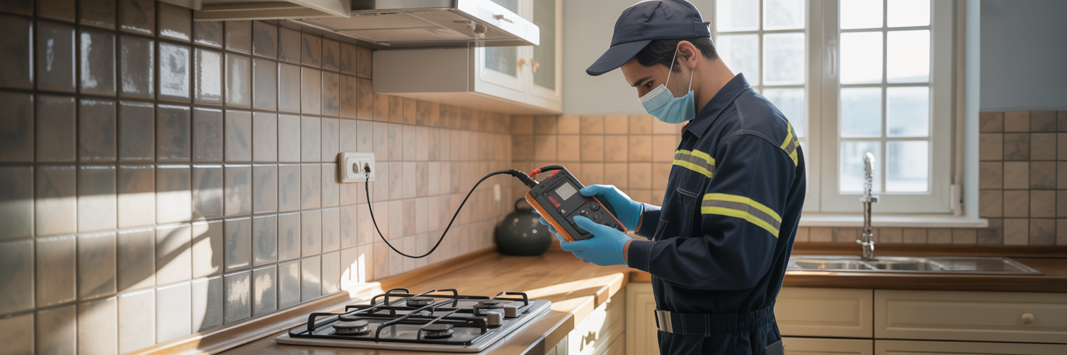 Técnico revisando una cocina con detector de fugas de gas en un departamento moderno.