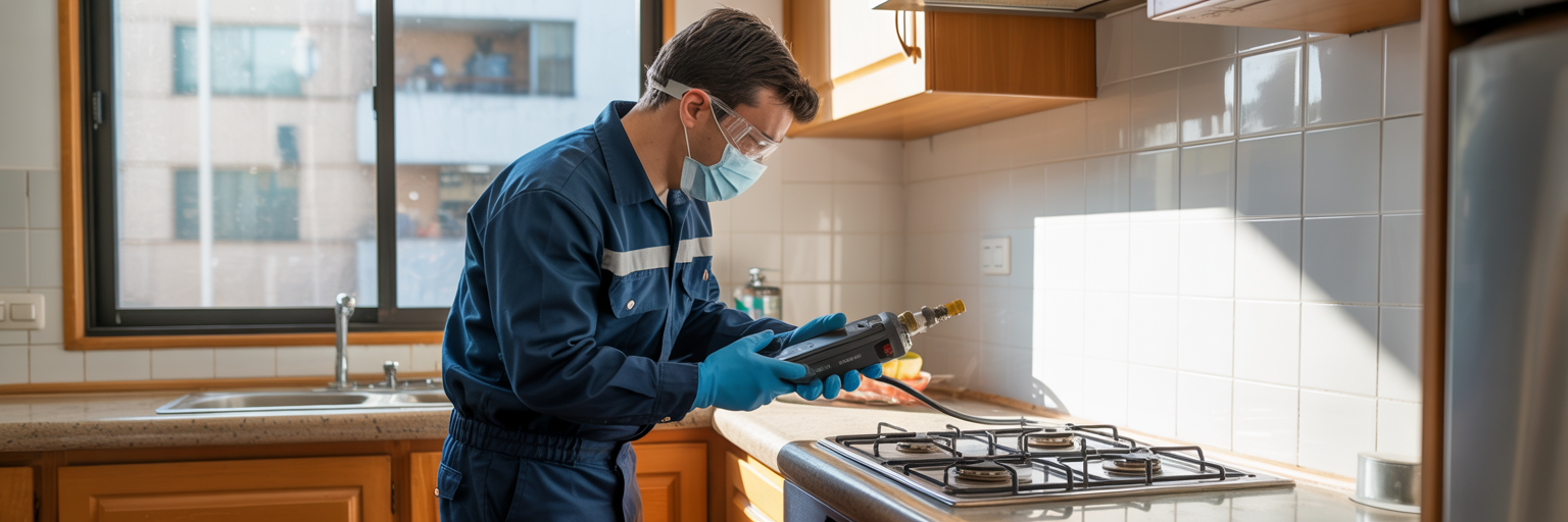 Técnico revisando una cocina con detector de fugas de gas en un departamento moderno.