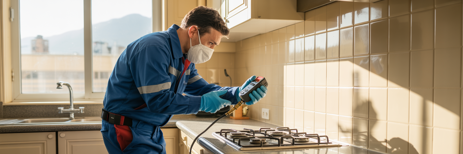 Técnico revisando una cocina con detector de fugas de gas en un departamento moderno.