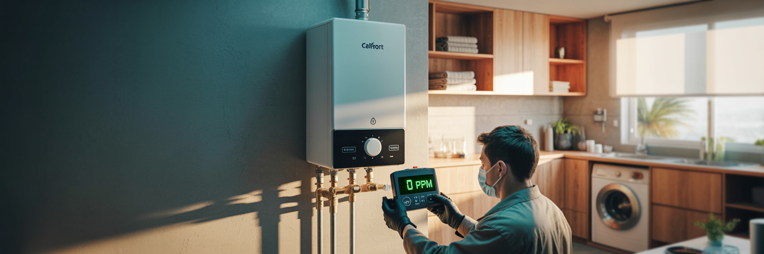 Técnico revisando un calefont con detector de fugas de gas en un departamento.
