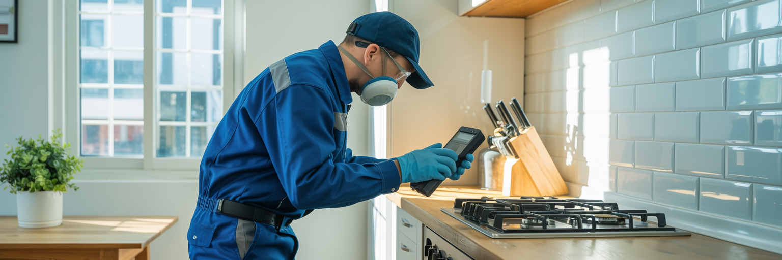 Técnico revisando una cocina con detector de fugas de gas en un departamento moderno.