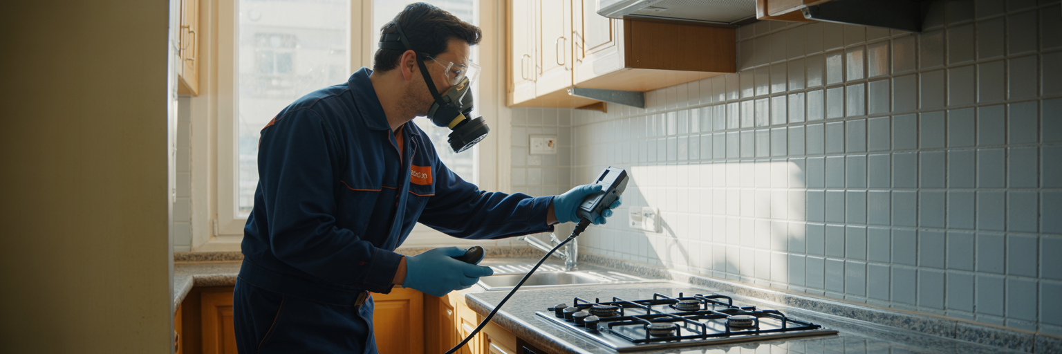 Técnico revisando una cocina con detector de fugas de gas en un departamento.