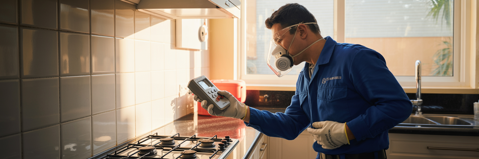 Técnico revisando una cocina con detector de fugas de gas en un departamento moderno.