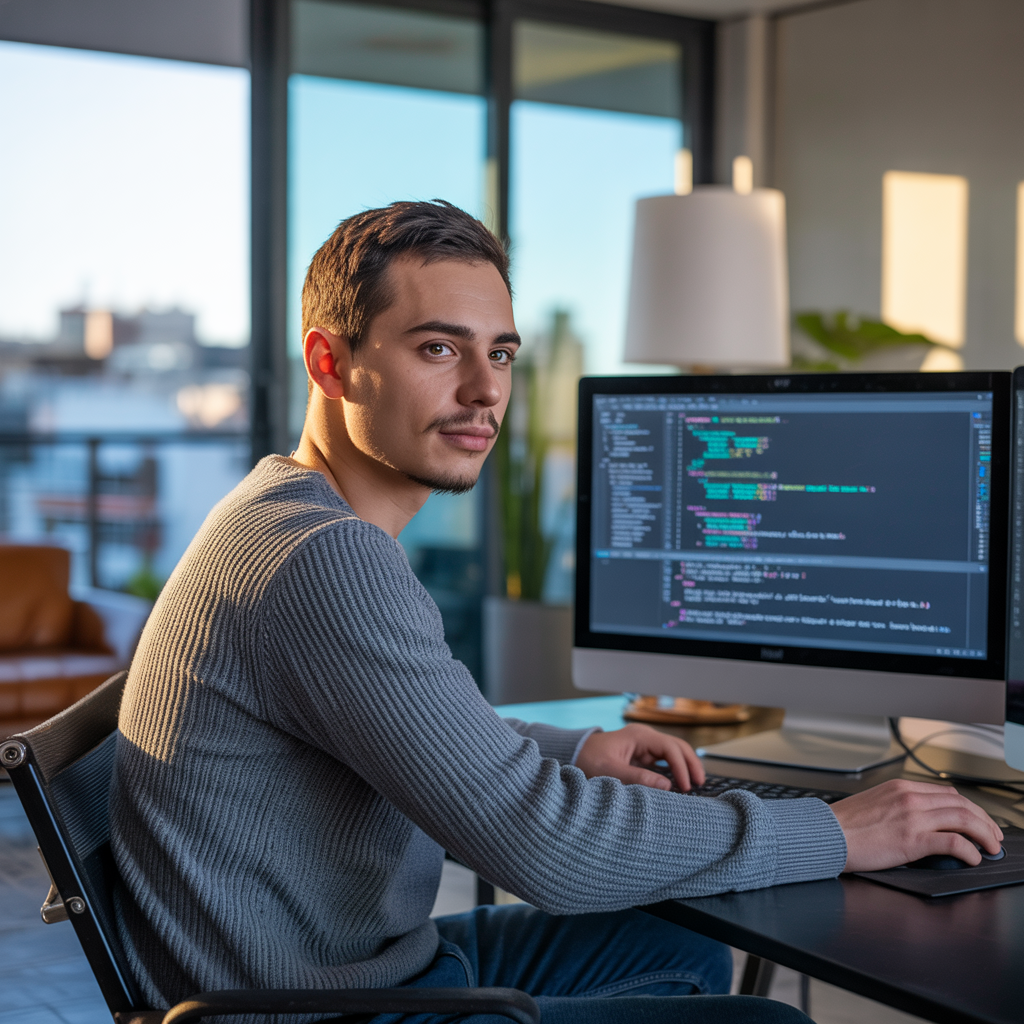 Desarrollador web chileno trabajando en notebook dentro de un departamento moderno con vista a la ciudad, ambiente ordenado y bien iluminado.
